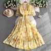 French Retro Coffee Break Floral V-neck Dress Women's Summer Elastic Waist Thin Ruffle Edge Big Swing Long Skirt