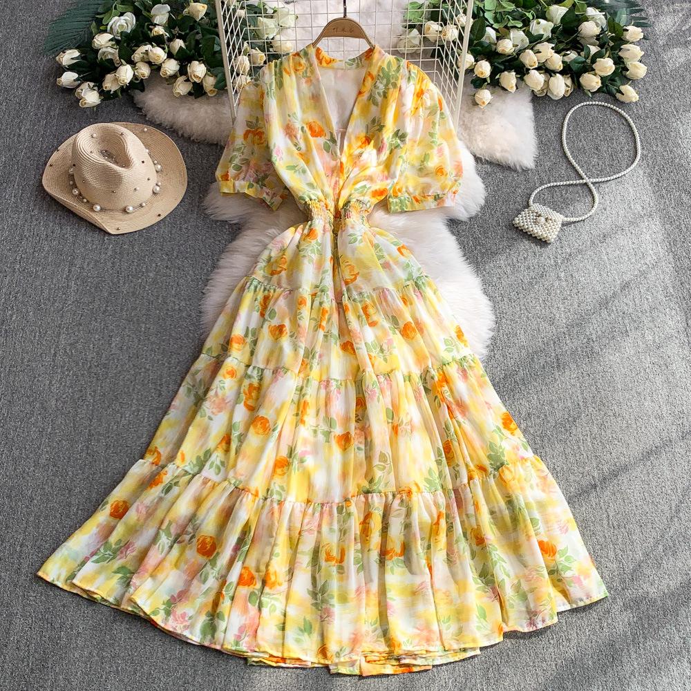 French Retro Coffee Break Floral V-neck Dress Women's Summer Elastic Waist Thin Ruffle Edge Big Swing Long Skirt