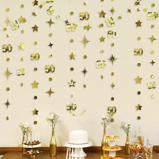 Gold 50th Birthday Decorations Number 50 Circle Dot Twinkle Star Garland Metallic Hanging Streamer Bunting Banner Backdrop for 50 Year Old Birthday