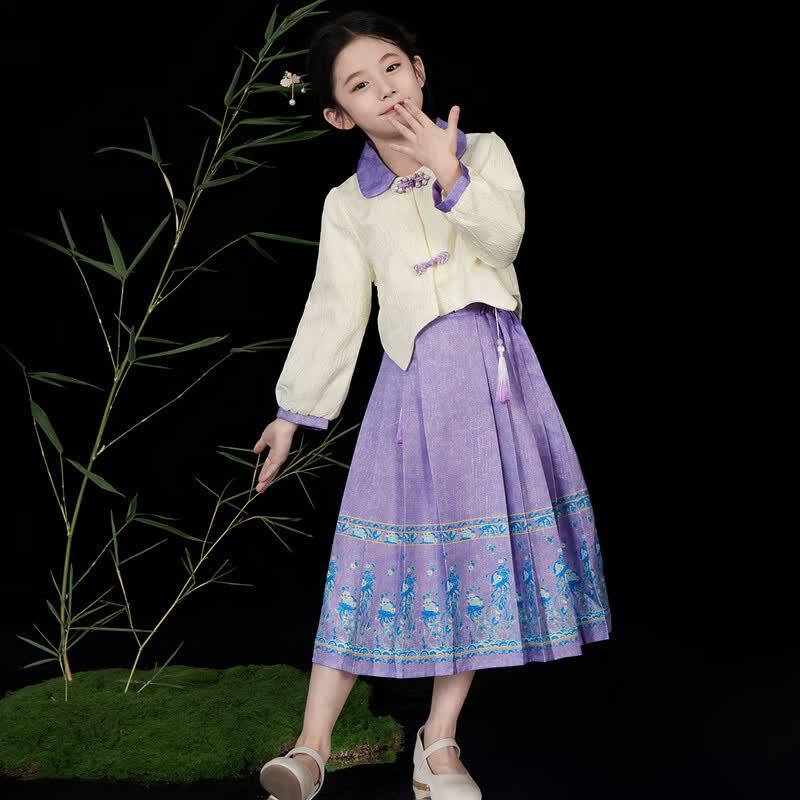 Girls' Chinese Style Hanfu Pearl Button Two-Piece Set