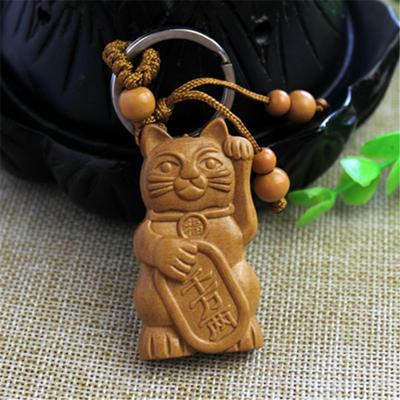 Exotische Holzschnitzerei, Glückskatze, Schlüsselanhänger, Anhänger, Hängetasche, Ornament, Geschenk