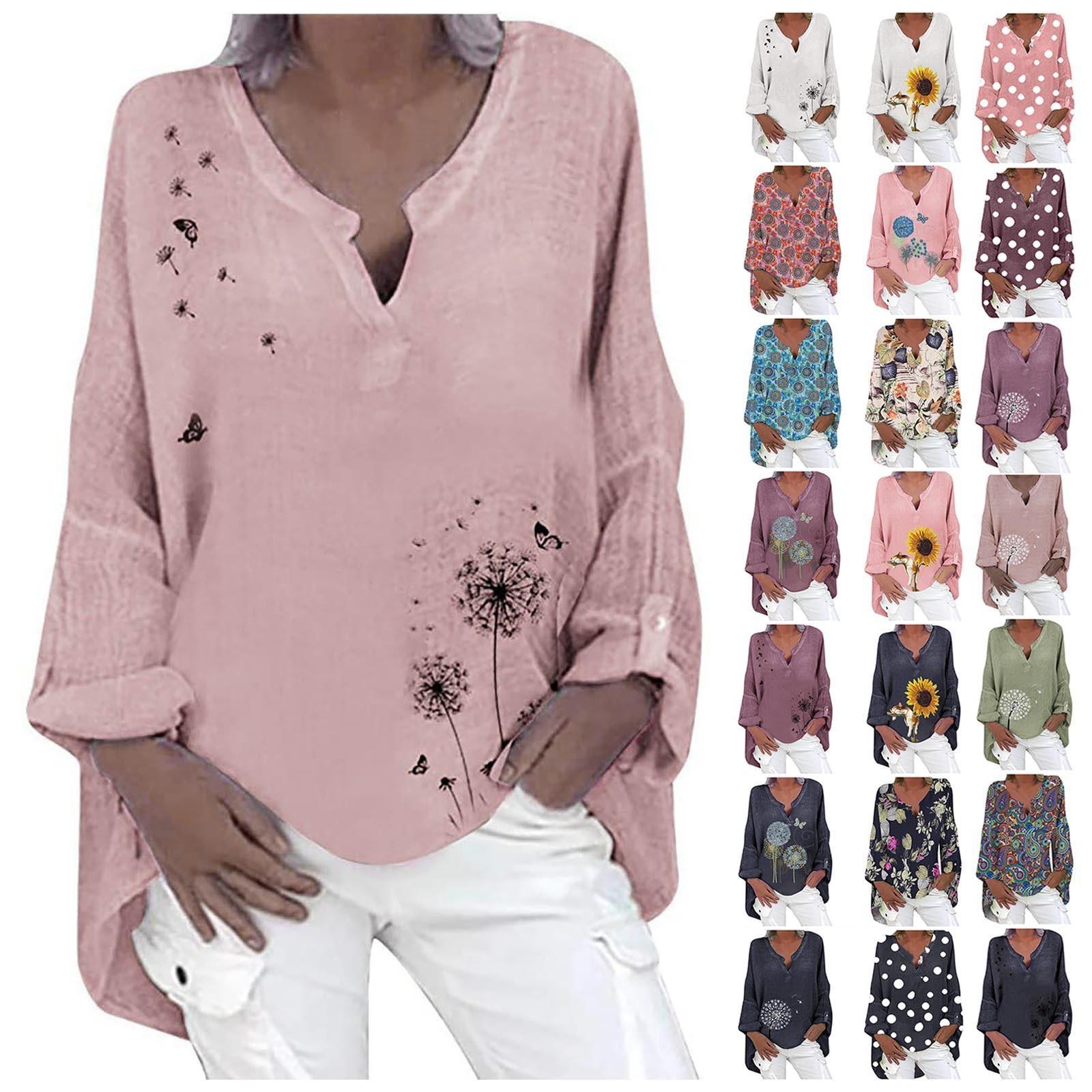 

Женская повседневная рубашка с длинным рукавом и цветочным принтом размера плюс, свободная рубашка с v-образным вырезом, блузка, топ