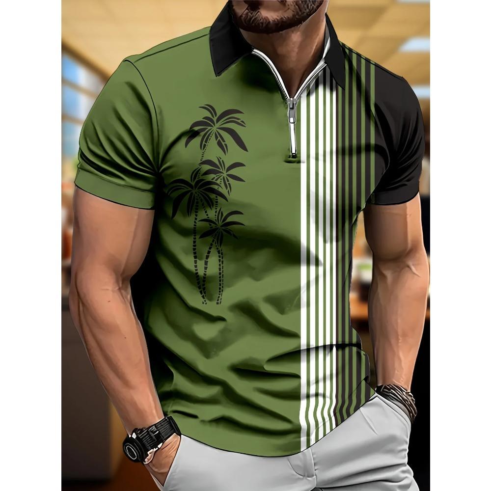 The New Men's Zipper POLO Shirt for Summer 2025 Is Casual Fashionable Soft and Breathable with 3D Coconut Tree Pattern Printing