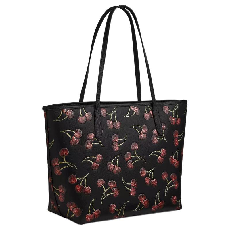 Coach City 33 Cherry Print Logo Tote Tote Shopping Bag Pebbled Leather Hand Shoulder Bag Large Women's Gold and Black