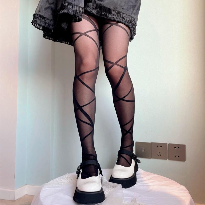 Women Irregular Crossed Strappy Jacquard Silky Tights Stockings Japanese Style JK Princess See Through Pantyhose Legging