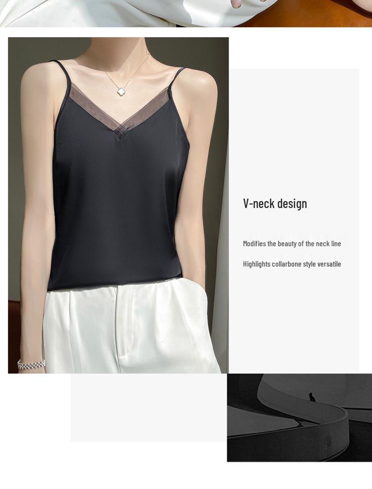 Silk Satin Women's Sleeveless V-Neck Mesh Spliced Camisole Vest - 2026 Spring/Summer Collection