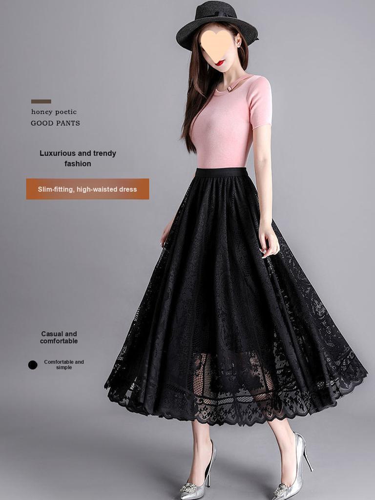 Trendy Lace Trim Long Maxi Skirt, Slimming Effect Mesh Fairy Ruffles Dress