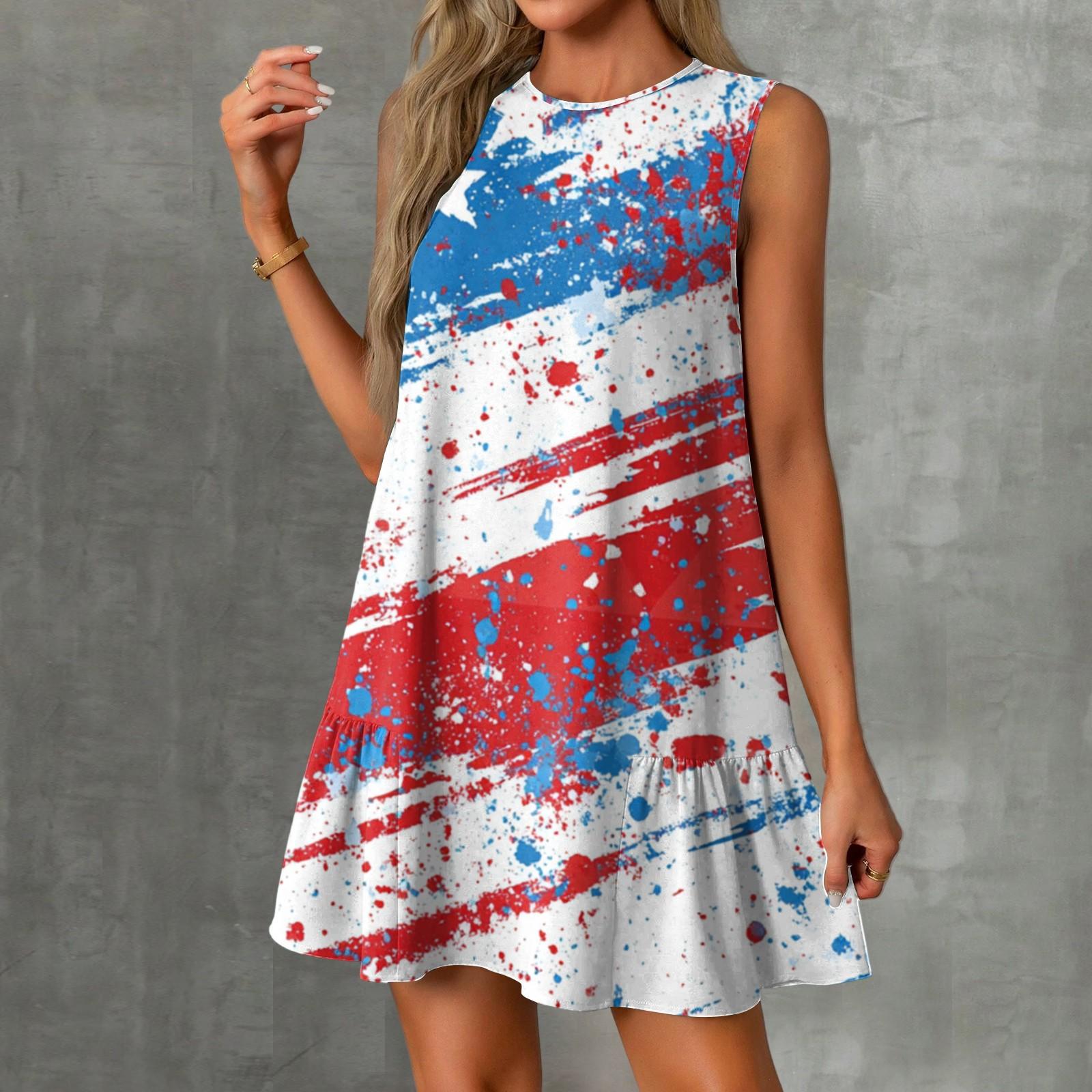 

Жіночі Модні Повсякденні Сукні Без Рукавів з Круглим Вирізом та Воланами з Принтом до Дня Незалежності XXL