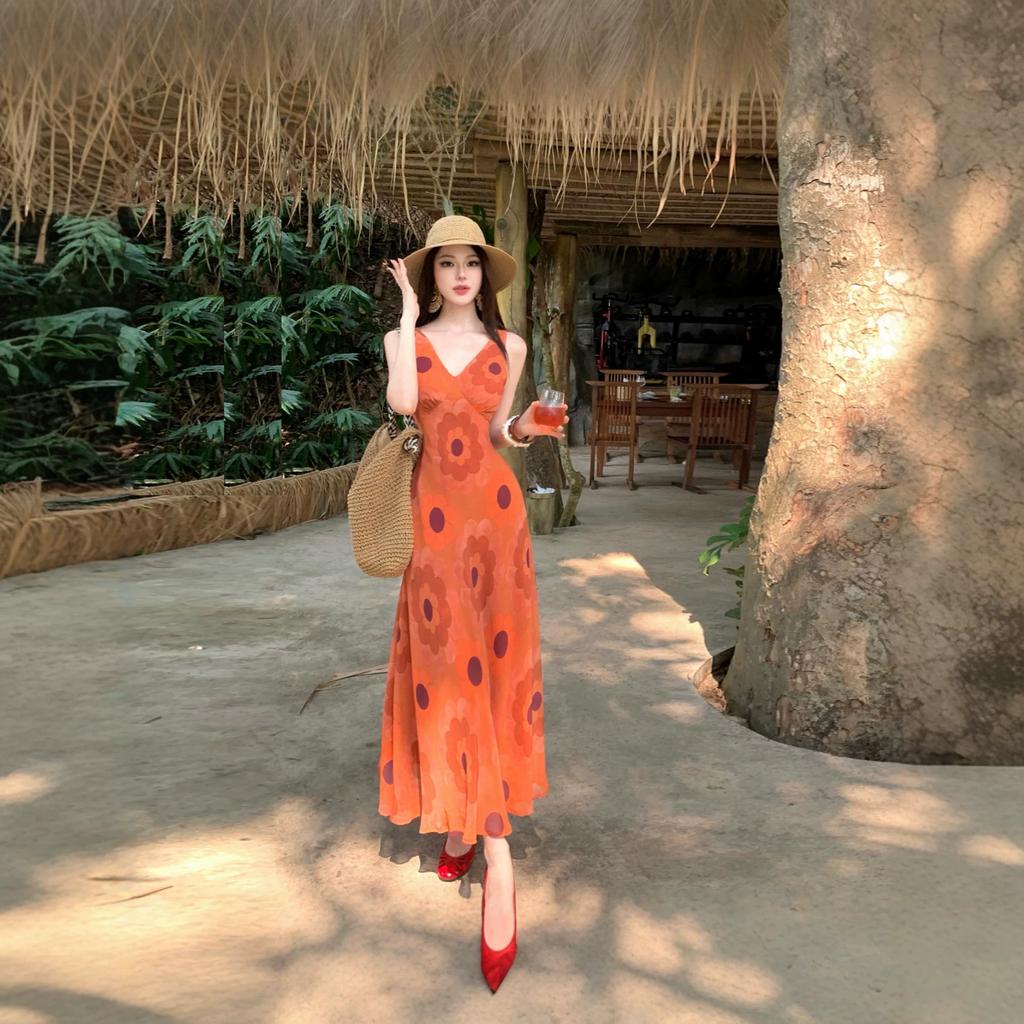 Orange Blossom Print Dress Retro Smudge Vacation Sleeveless Dress Waist Slim Dress