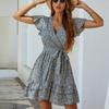 Women Bandage Fashion V-Neck Sexy Short Sleeve  Dress Fashion Dress