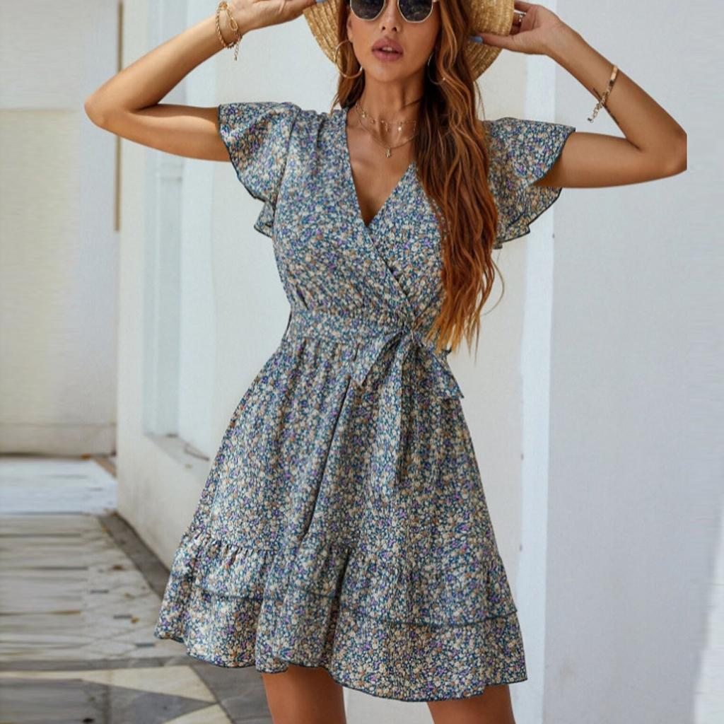 Women Bandage Fashion V-Neck Sexy Short Sleeve  Dress Fashion Dress
