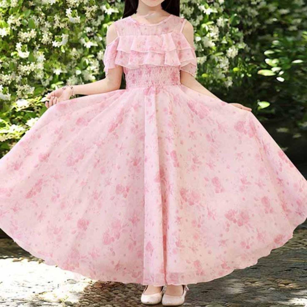 Pleated Girls Chiffon Floral Dress Loose Children Princess Dress Summer Kids Dresses  Holiday