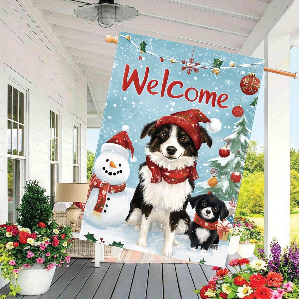 Christmas Welcome Garden Flag - Double-Sided Polyester Holiday Banner, Snowman & Collie Dog Design, Outdoor Lawn and Yard Decor, Seasonal Festive Flag