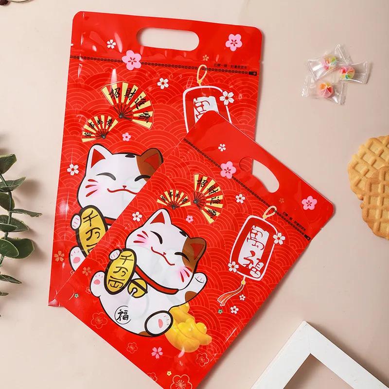 

50Pcs Chinese New Year Gift Bags Lucky Cat Snow Crisp Nougat Self Ziplock Cookie Baking Snacks Packaging 15.5x23x7cm&Other красный