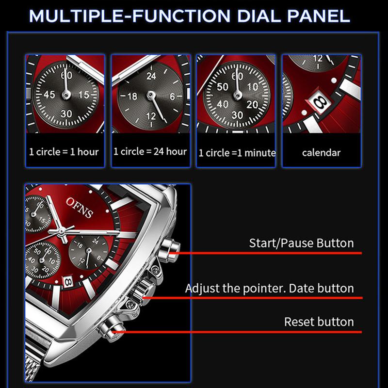 Herren Square Chronograph Armbanduhren Silikon-/Netzarmband, Luxuriöse Stilvolle Analoge Uhr für Arbeit & Streetwear