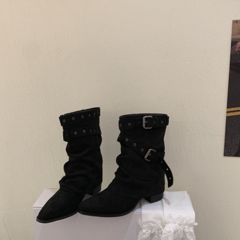 Autumn Winter Belt Buckle Women Western Ankle Boots Elegant Pointed Toe Thick Heel Shoes Female Vintage Knight Short Booties