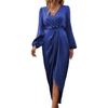 Vestido de mujer con abertura irregular, cintura alta, plisado, mangas largas abullonadas, color liso