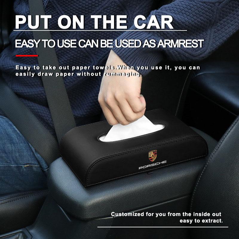 Leather Car Tissue Box Hanging Badge Paper Towel Bag Storage Auto Accessories For Porsche Cayenne Panamera Macan Boxster 911 Carrera-GT 928 944 918