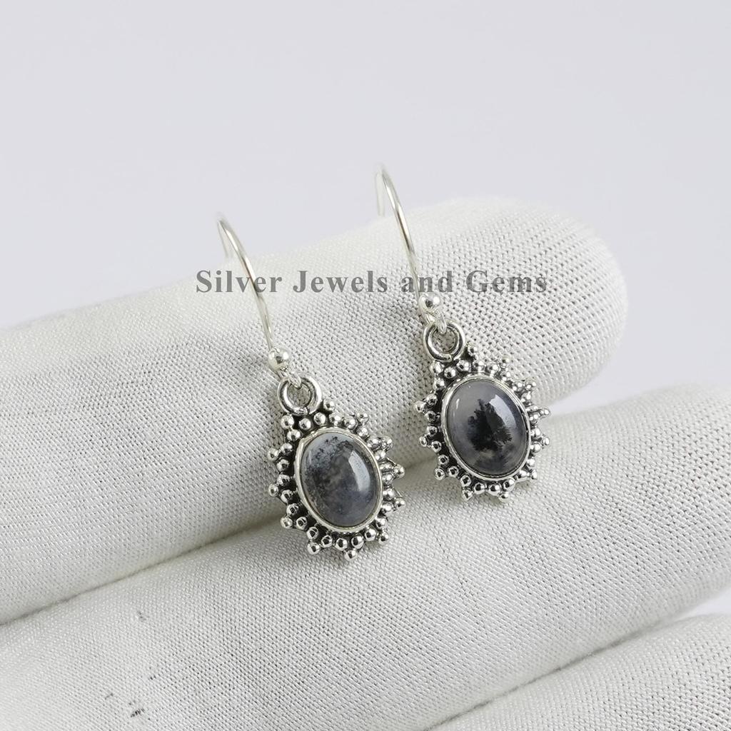 Dendrite Opal Earrings: Oval 925 Sterling Silver Dainty Earrings