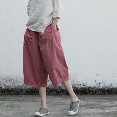 Pantaloni da donna vintage a gamba larga, vita elasticizzata, patchwork, tasche, tinta unita, pantaloni estivi, pantaloni larghi al polpaccio