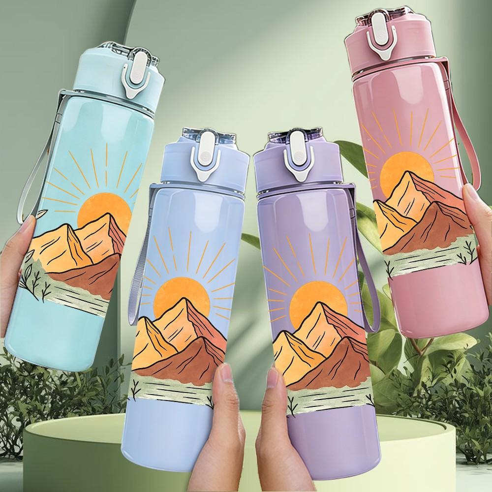 1PC Mountain Sunrise Nature Landscape Print 750ml Color Plastic Sports Water Bottle Leakproof Flip Straw Lid Suitable for Sports Office Home Use