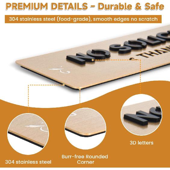 No Soliciting Sign, 304 Stainless Steel, Raised Letters, No-Drill Mounting with Strong Adhesive, Metallic Gold Finish, for House and Business (S203)