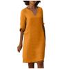 Retro High Waist V-Neck Cotton Linen Dress European American Style Solid Color Washed Wrinkled Fabric Three Quarter Sleeves