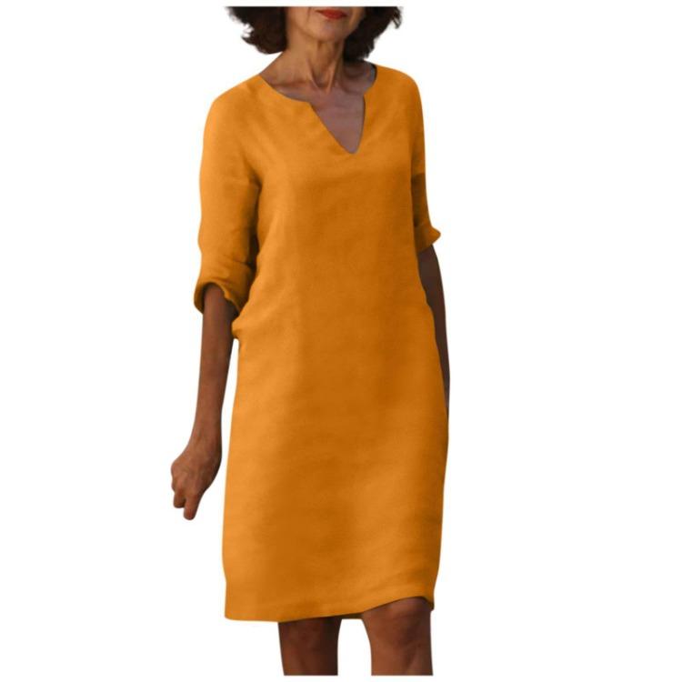 Retro High Waist V-Neck Cotton Linen Dress European American Style Solid Color Washed Wrinkled Fabric Three Quarter Sleeves