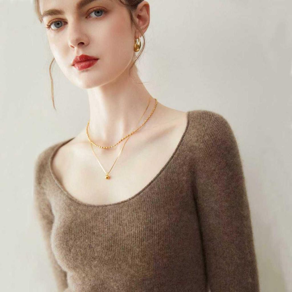 Women's Slim-Fit U-Neck 100% Cashmere Sweater - Low Round Neck Knit Base Layer