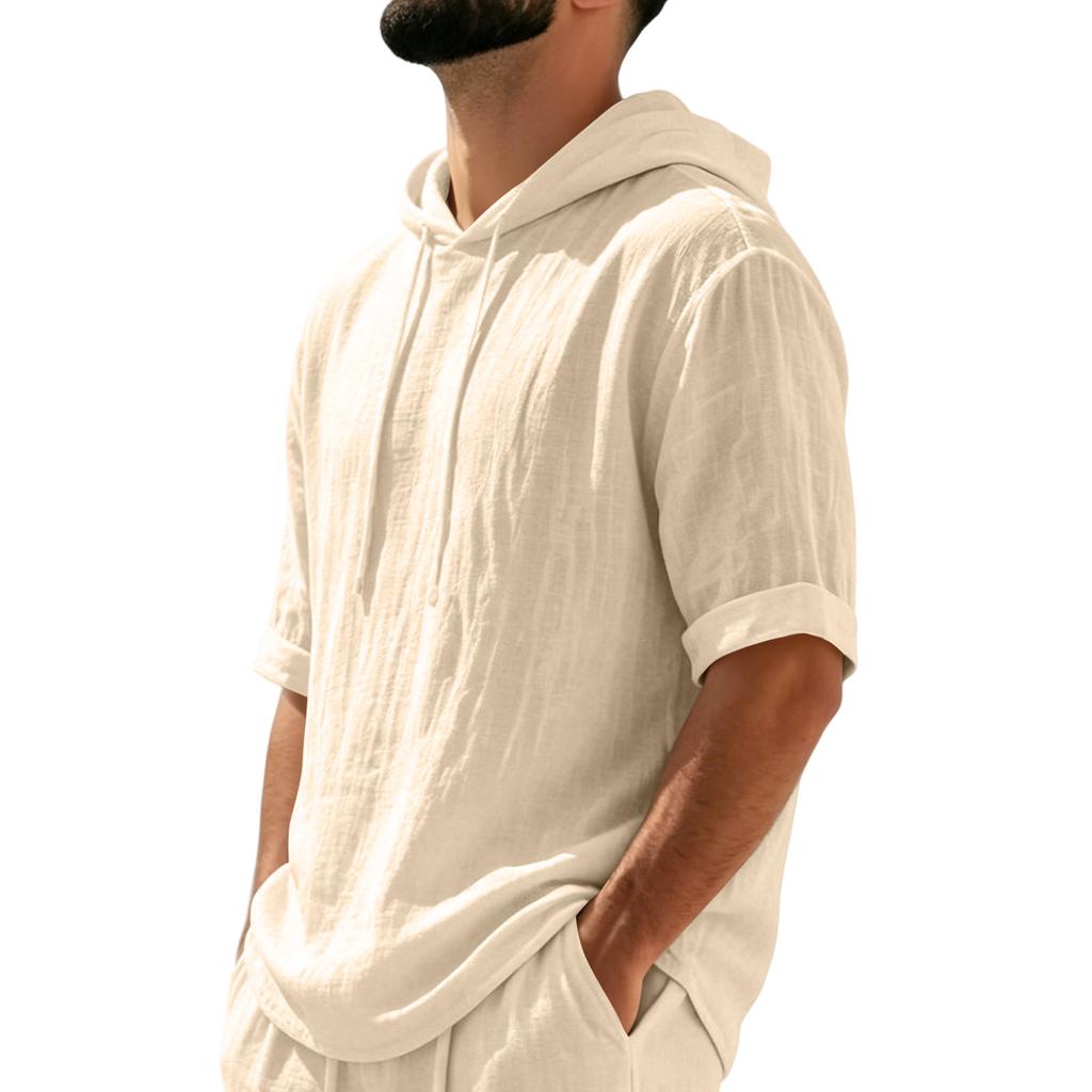 Men's Linen Hooded Short Sleeve T Shirt Lightweight Breathable Casual Summer Top Relaxed Fit Five Quarter Sleeve Pullover