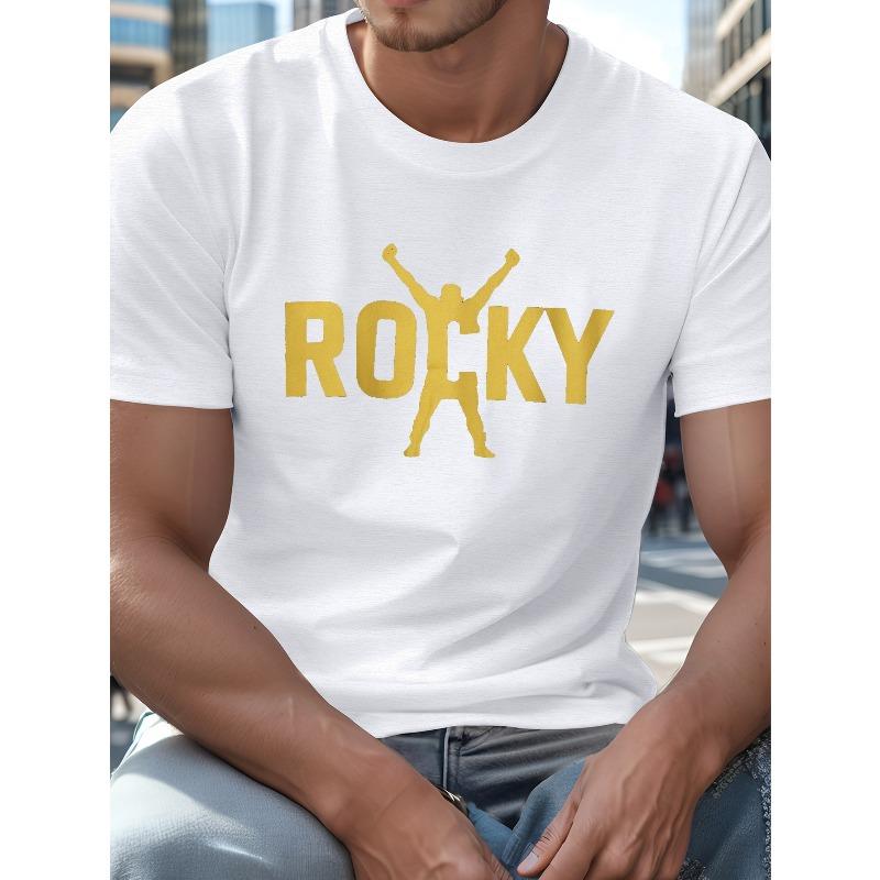 

European Size plus size Men s summer t-shirt, ROCKY with silhouette graphic print short sleeve tees trend casual tops for daily life, big & tall guys S белый