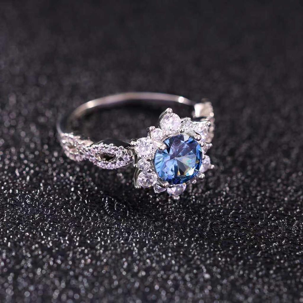Vintage Inspired Blue Sapphire Halo Ring | Paved Cubic Zirconia CopperBand | Promise Engagement Jewelry Gift for Her
