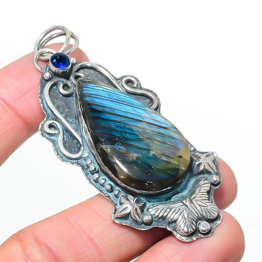 Natural Labradorite, Iolite 925 Sterling Silver Jewelry Pendant 3.03" AP-14569