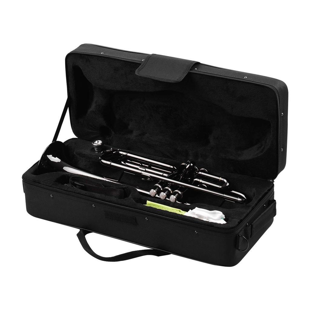 Brass Plated Black Bb Trumpet Set for Beginners and Students with Hard Polishing Cloth Trumpet, Case, Strap, Mouthpiece, Gloves,