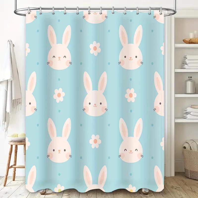 Cute Rabbit Print Shower Curtain Bath Decor Blue Fabric Home Decoration 60x72 Inches (152cm X 183cm)   White Flowers   Set Of On
