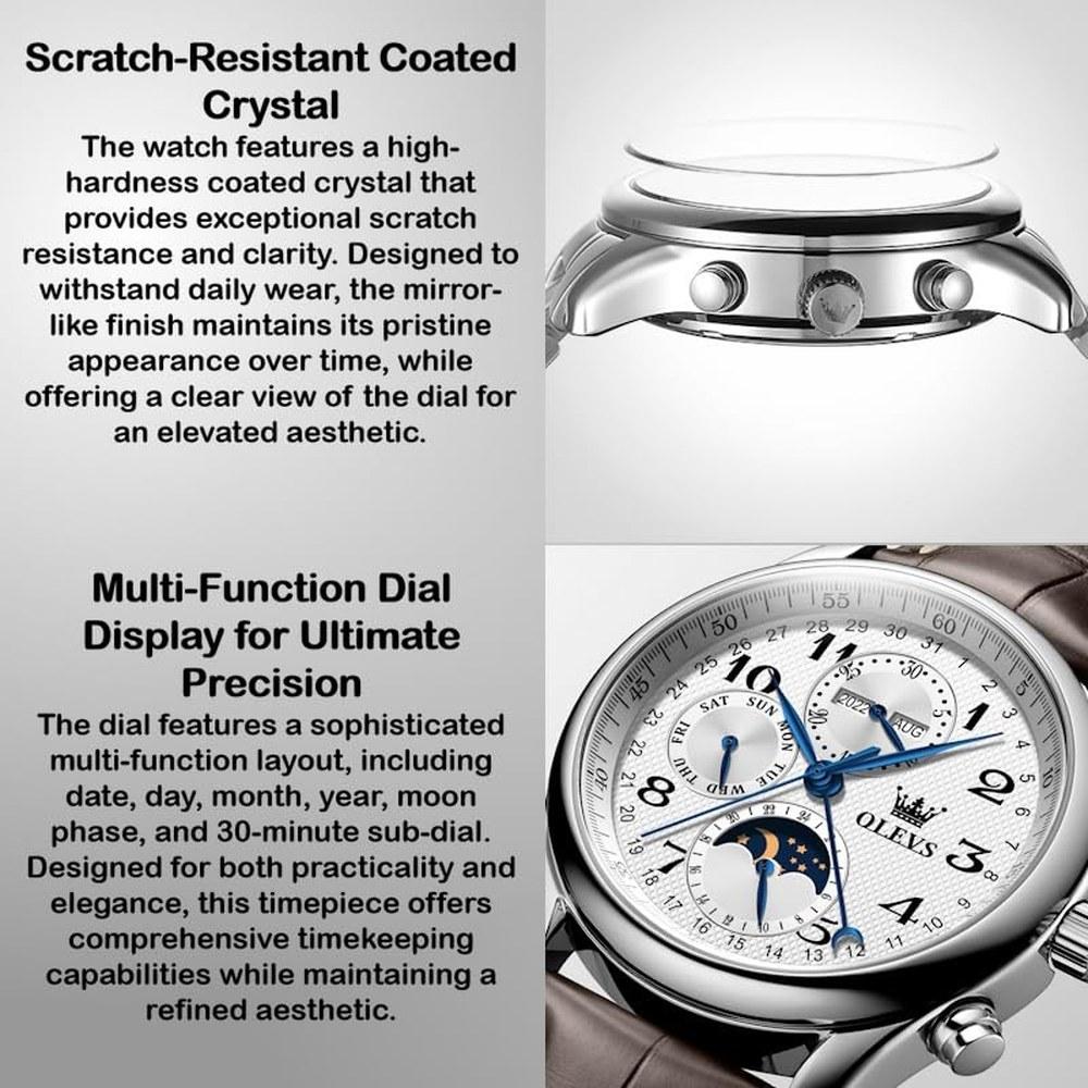 OLEVS Automatic Men's Wristwatch Multi-Calendar Moon Phase 3 ATM Water Resistant Business Classic Luxury White