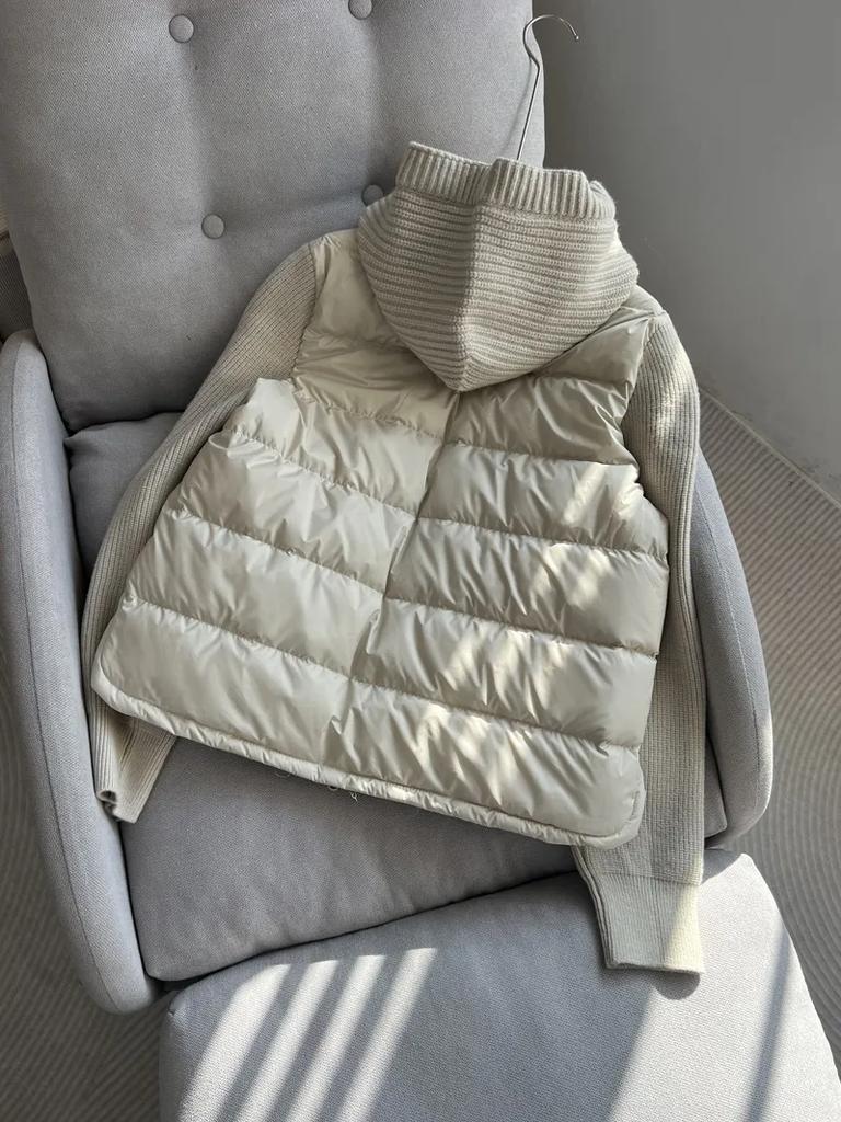 Women Autumn Winter Knitted Patchwork Warm Jacket Drawstring Hooded Lightweight Puffer Coat