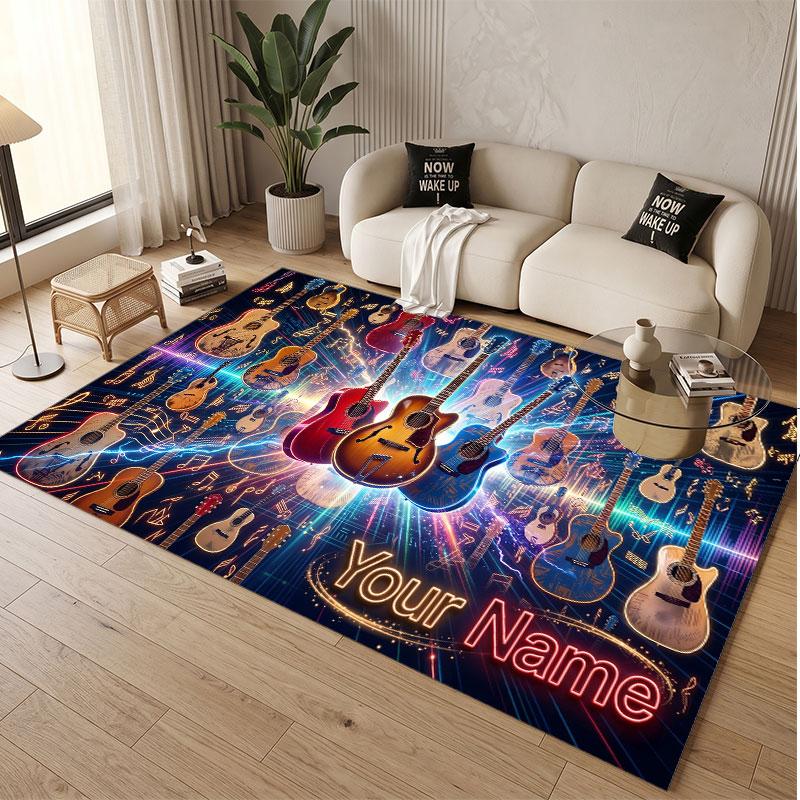 Music Guitar Theme Soft Crystal Velvet Rug Custom Name & Text Print Non Slip Floor Rug for Bedroom Living Room