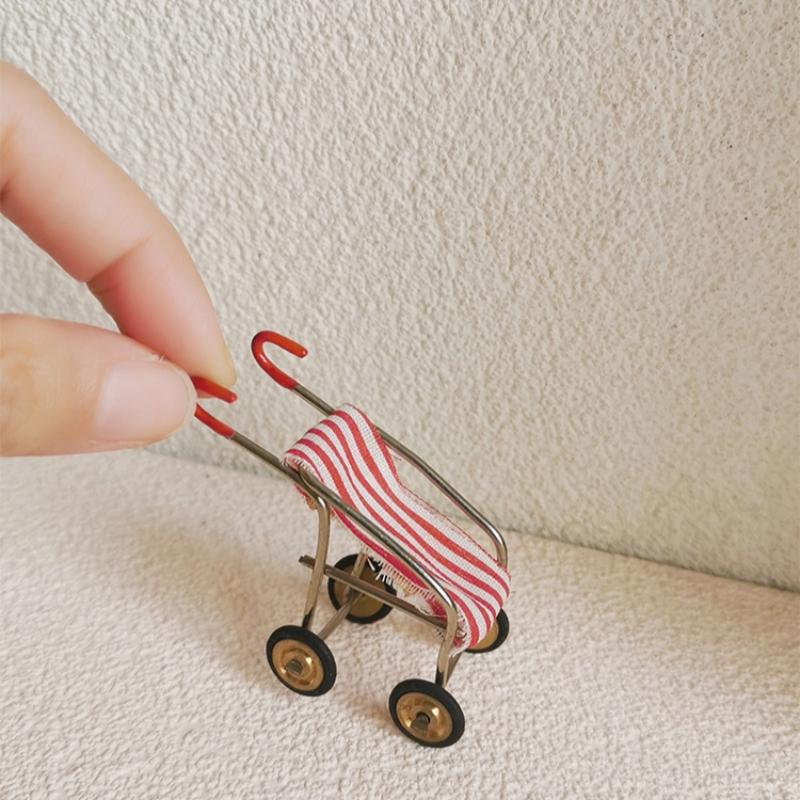 1Pcs Doll House Home Decoration 1/12 Dollhouse Accessories Mini Metal Baby Carriage Miniature Pushcart Model