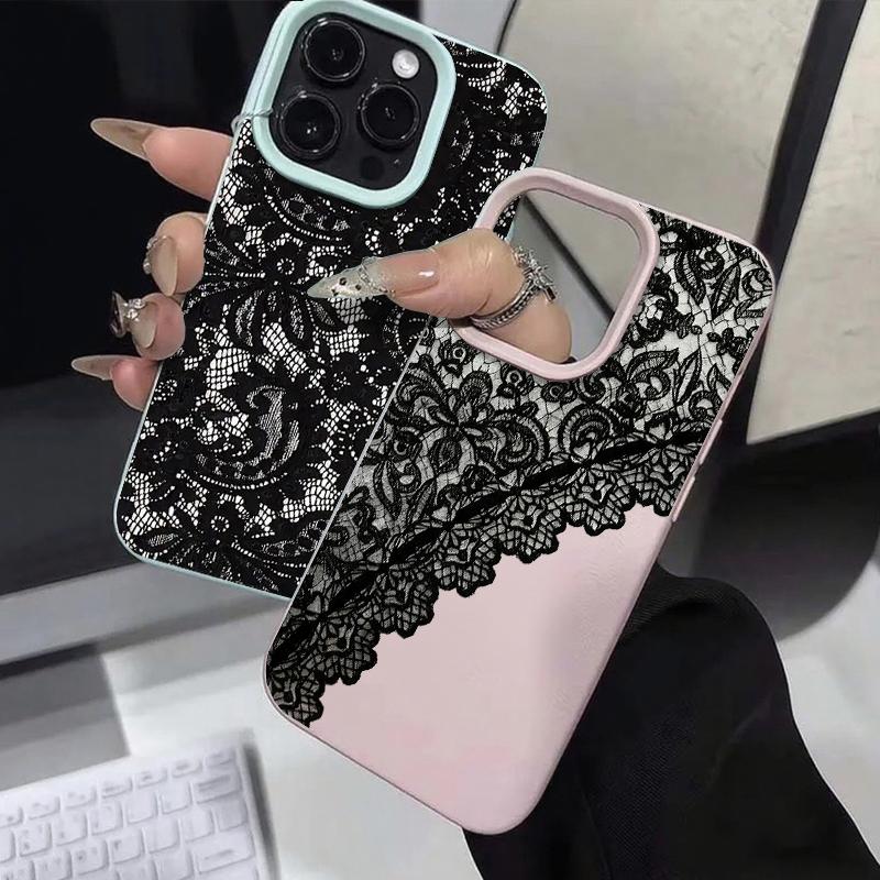Black Lace Pattern Personalized Mobile Phone Case For iPhone 16 17 Pro Max 15 Plus 14 13 12 11 17 Air XS XR Faux Leather Cover