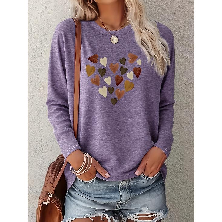 Women's Simple Heart-Shaped Combination Love Print One-piece Casual Long-sleeved Elegant Summer Top Fashionable and Cute T Vintage Loose-fitting