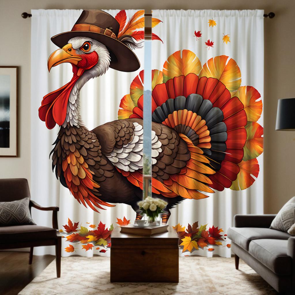 2 pieces of HD Turkey Festival wearing top hat big rooster decorative curtain Red tie digital printed curtain home decoration st