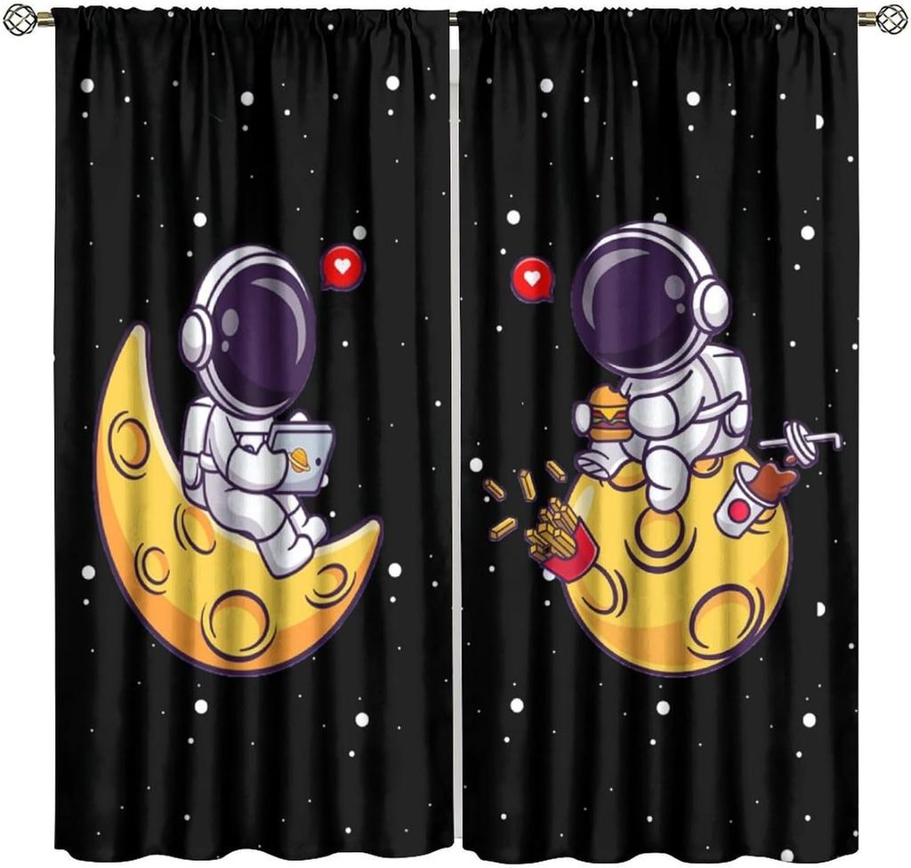 Kids Outer Space Curta, Universe Themed Earth Moon Rockets Stars Window Drapes, For Boys Girls Room Bedroom Living Room