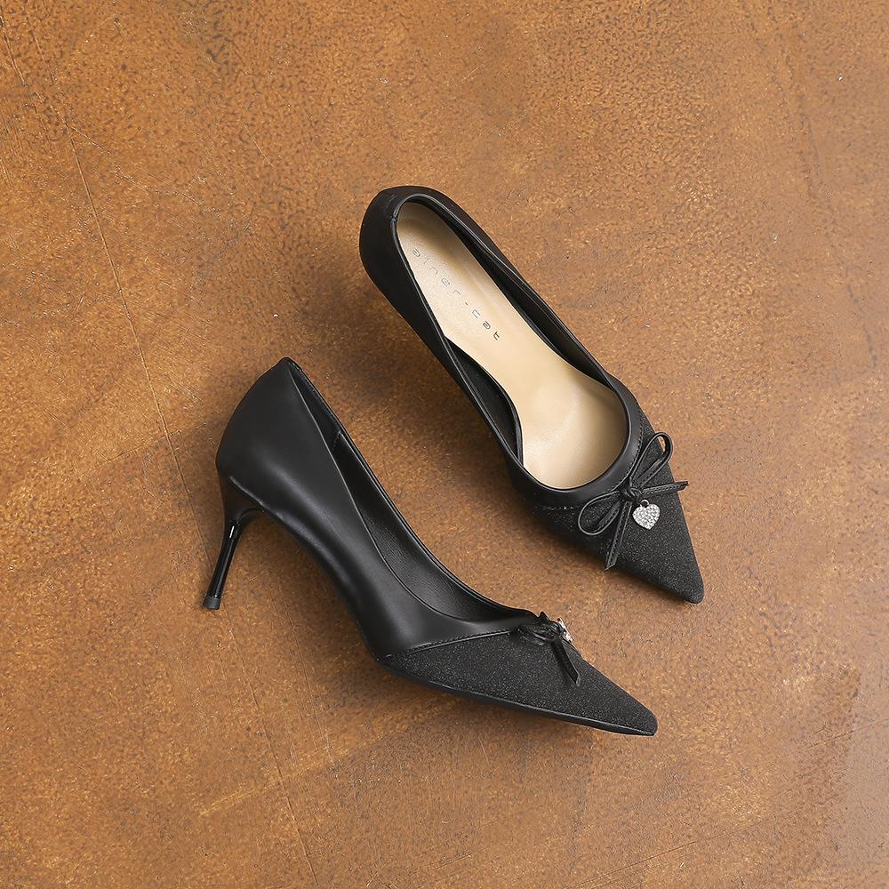 78822 [sheepskin] silver high heels women's stiletto 2025 new pointed French light mouth bow single shoes