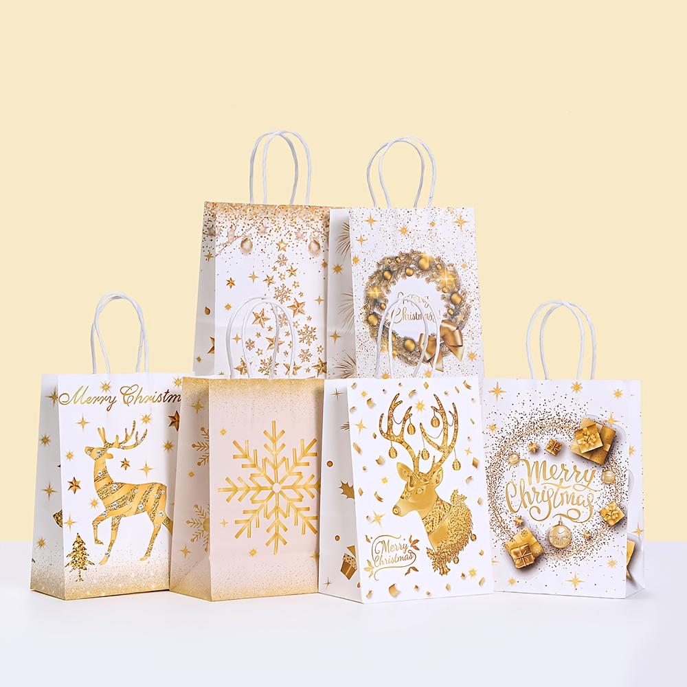 12/24pcs Elegant White &Golden Luxury Christmas Gift Bags with Golden Glitter Reindeer,Snowflake & Tree Cutouts Party Packaging
