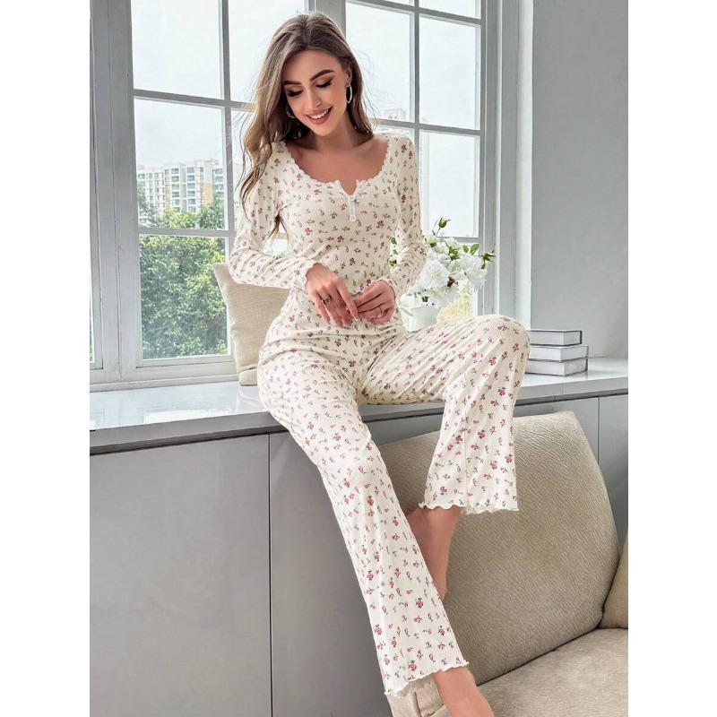 2Pcs/set Fancy Underwear Women's Homewear Lace Long-sleeved Trousers Stretch College Students Home Wearable Pajamas for Women