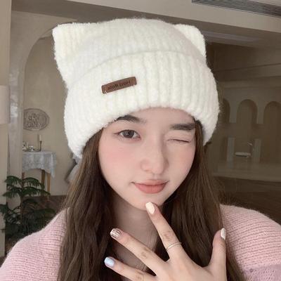 Women's Japanese Style Cute Cat Ears Knitted Beanie - Thick, Warm, Rolled Edge for Autumn and Winter
