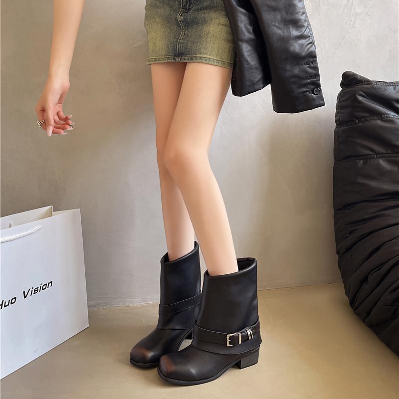 Square Toe Women Western Cowgirl Boots Fashion Belt Buckle Shoes Autumn Winter Thick Heel Ladies Knight Short Booties