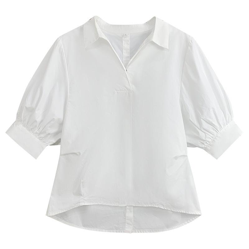 White Shirt Women's Middle Sleeve Summer Clothing Korean V-neck Pullover Top Fashionable and Elegant Commuting Temperament Pure Cotton Shirt
