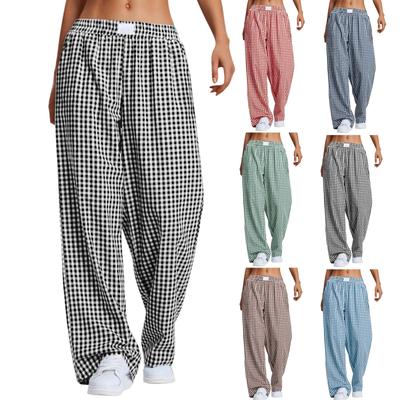 Women's Pants, Casual Plaid Printing Pocket Pants Elastic Waist Loose Straight Leg Pants